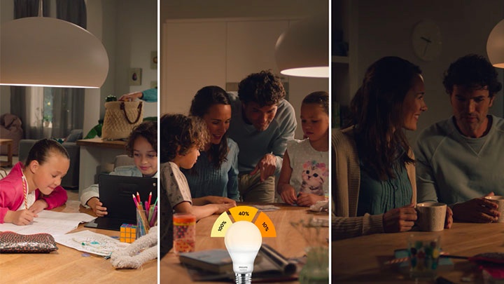 All three scenarios of the Philips SceneSwitch LED bulb light settings in one image