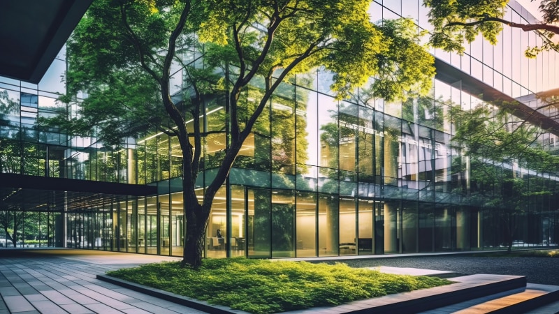A modern energy-efficient and sustainable office building with IoT lighting.