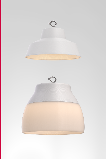 Two white dome-shaped pendant lights hanging against a gray background, one with a frosted diffuser.