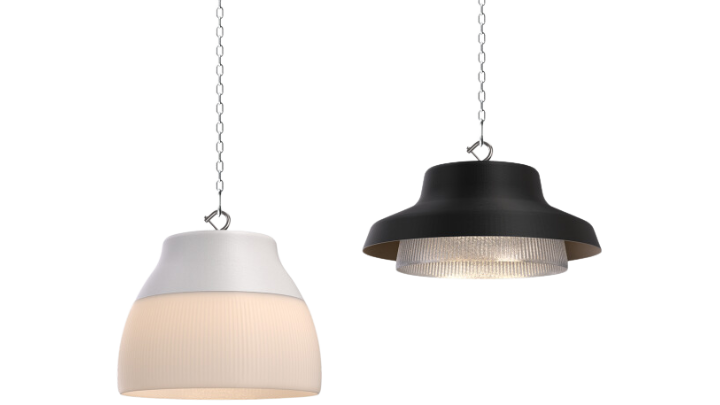 Two pendant lights hanging side by side. The left pendant light features a white dome with a soft, warm glow, while the right pendant light is black with a reflective inner surface, giving a more focused, diffused light. 