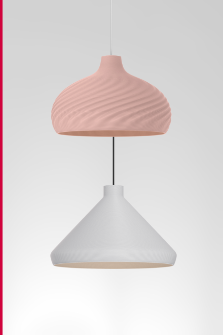 A pink, textured dome-shaped pendant light with a sculptural wave-like design, hanging from a white cable and a simple, white cone-shaped pendant light with a smooth matte finish.