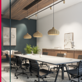 A modern office space with multiple pendant lights hanging above a collaborative workspace